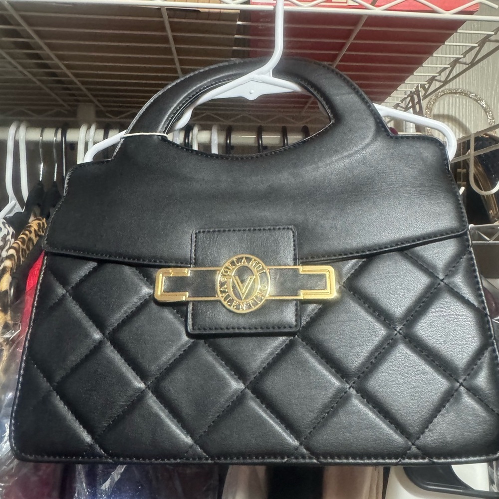 Valentino Orlandi Black Quilted Satchel with Gold Details